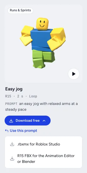 A free library card for an easy jog animation with its download menu open, offering .rbxmx for Roblox Studio and R15 FBX for the Animation Editor or Blender