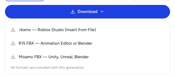 The MocapGen download menu offering .rbxmx for Roblox Studio, R15 FBX for the Animation Editor or Blender, and Mixamo FBX for Unity, Unreal and Blender
