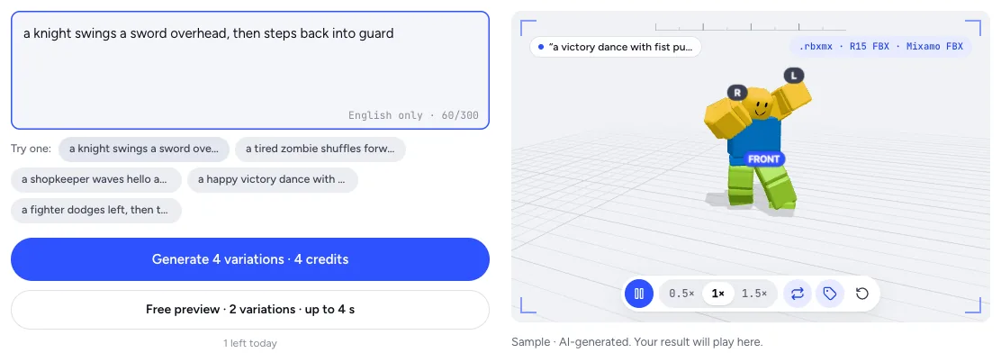 A text-to-animation prompt box in MocapGen with a sword-swing prompt, example prompts and a Generate 4 variations button