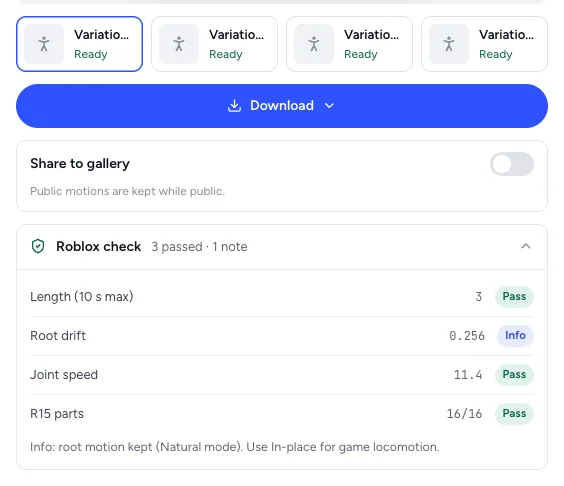Four ready MocapGen variations with the Download button and an expanded Roblox check