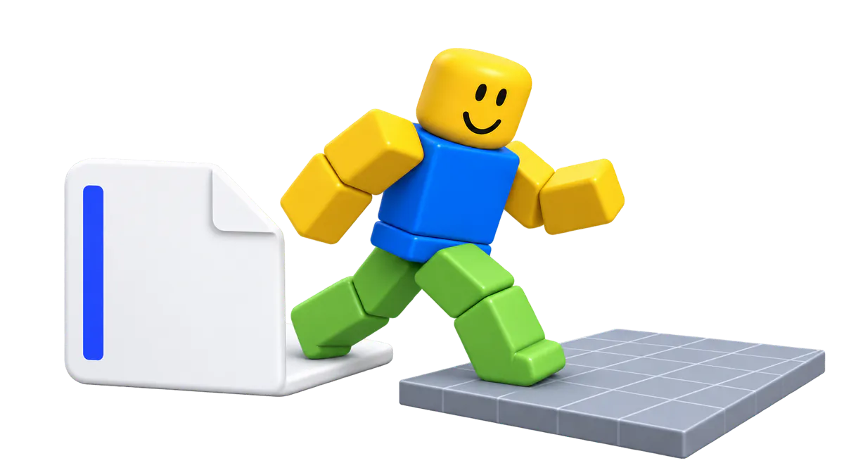 An R15 avatar stepping off a file card onto a Studio grid