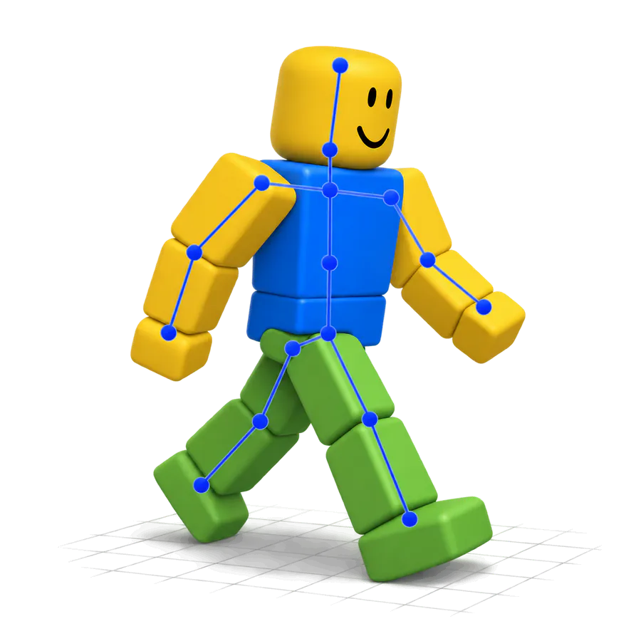 An R15 avatar mid-stride with its joint skeleton overlaid