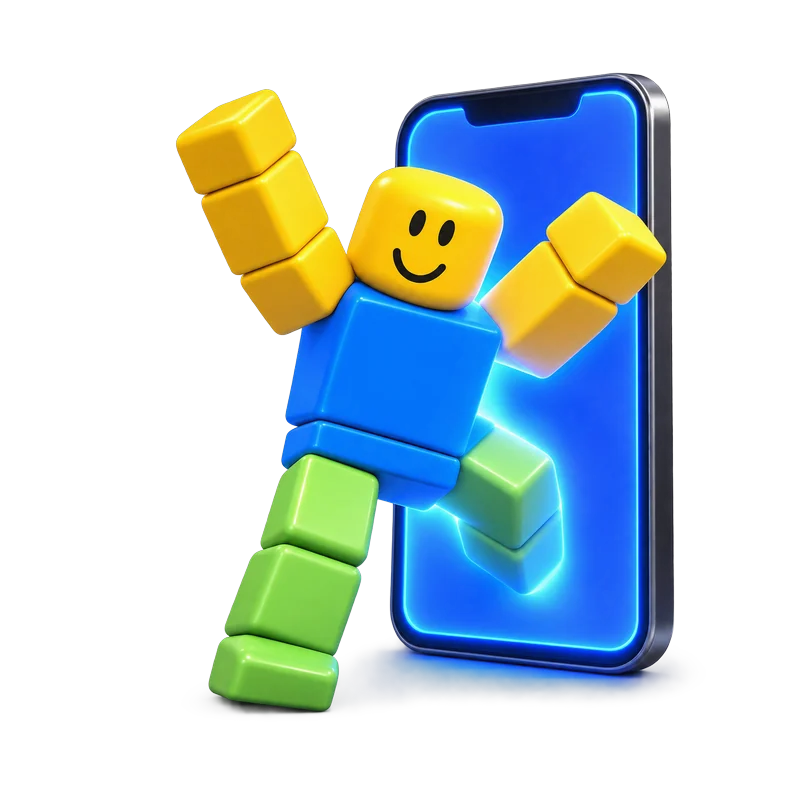 An R15 avatar stepping out of a phone screen mid dance