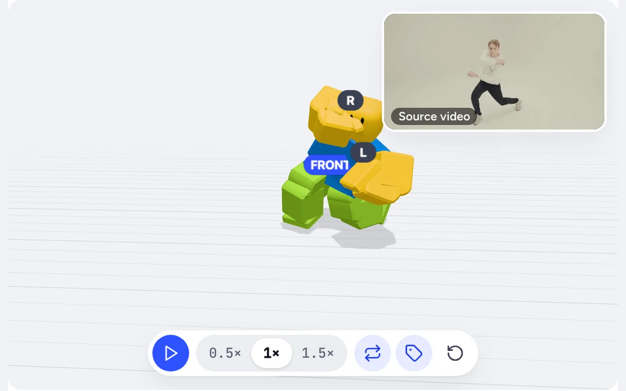 An R15 dancer in the 3D viewer with the source video playing in a small corner window