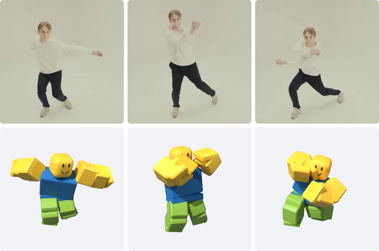 Three frames of a street dance video above the same three poses on an R15 rig