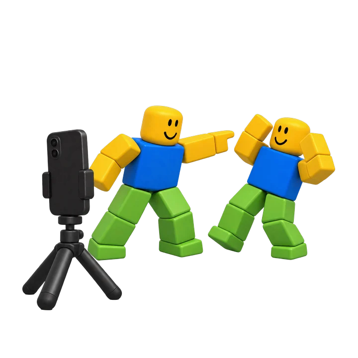 Two R15 avatars acting out a scene in front of a phone on a tripod